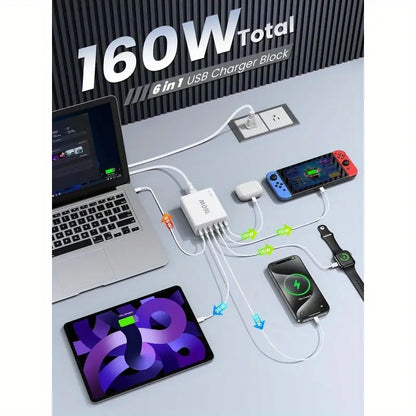 160W 6-Port Fast USB C/A Charging Station