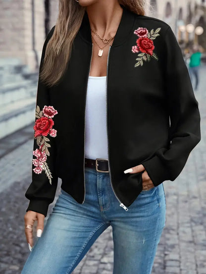 Embroidered Elegant Long Sleeve Bomber Jacket